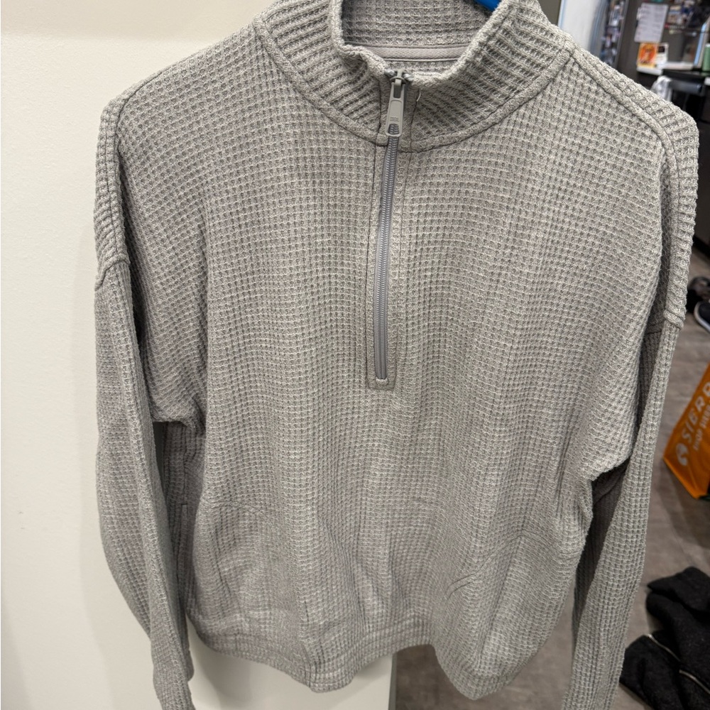 Aerie Gray Zip-Up Waffle Knit Sweater
